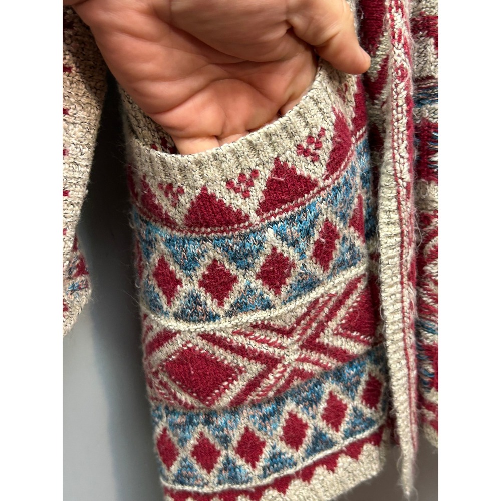 Lucky Brand Cardigan Womens 3X Beige Red Blue Southwestern Hooded Open Front - Picture 7 of 8